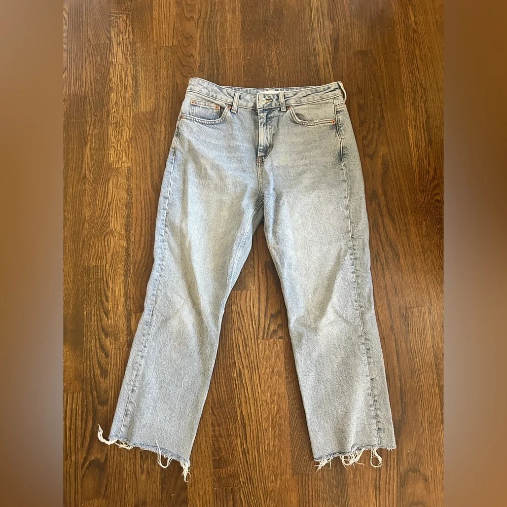 Topshop Jeans Denim Straight Leg Raw Frayed Hem Light Acid Wash - Picture 4 of 8